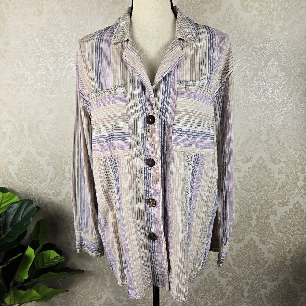 Free People Size Small High Tide Striped Button Front Shirt Long Sleeve Boho